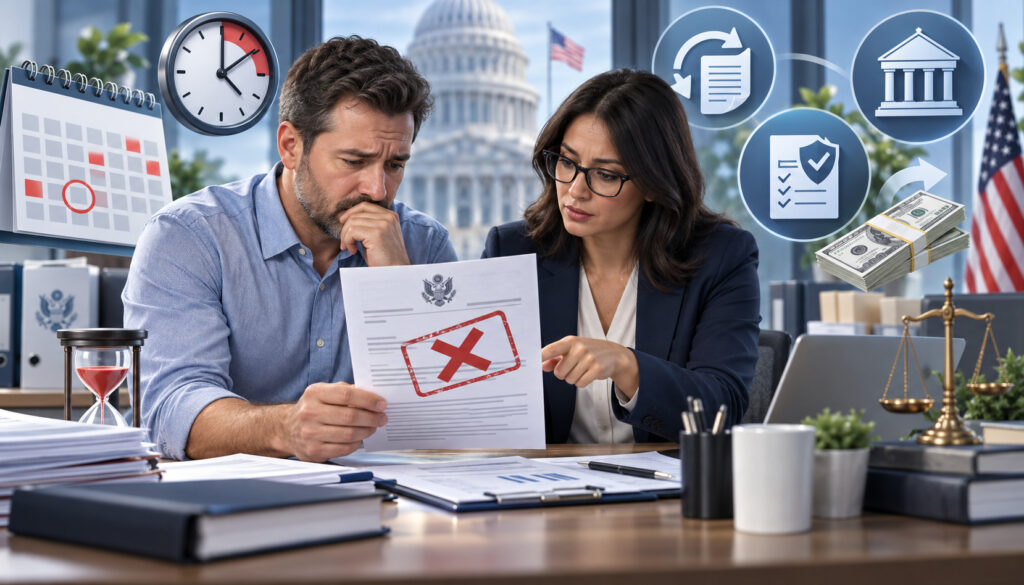 Business owner reviewing a denied ERC claim and appeal deadlines with a tax advisor.