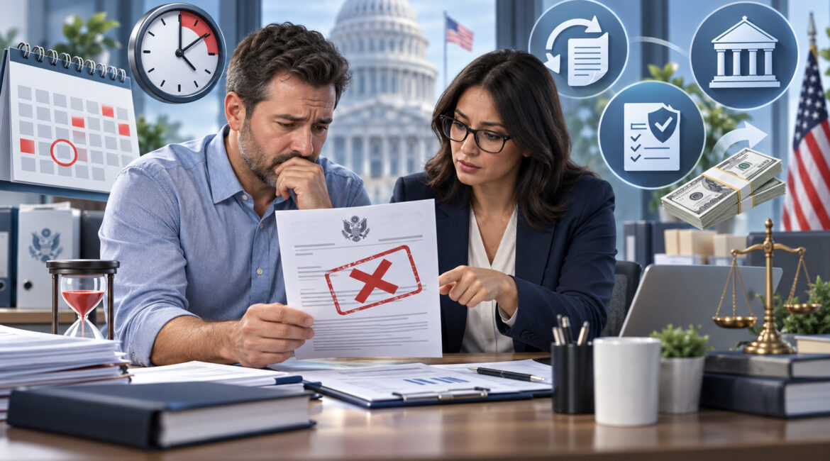 Business owner reviewing a denied ERC claim and appeal deadlines with a tax advisor.