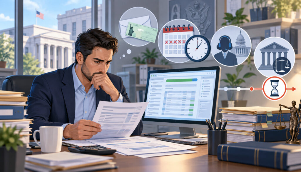 Business owner reviewing ERC refund status, IRS transcripts, TAS escalation, and refund lawsuit deadlines