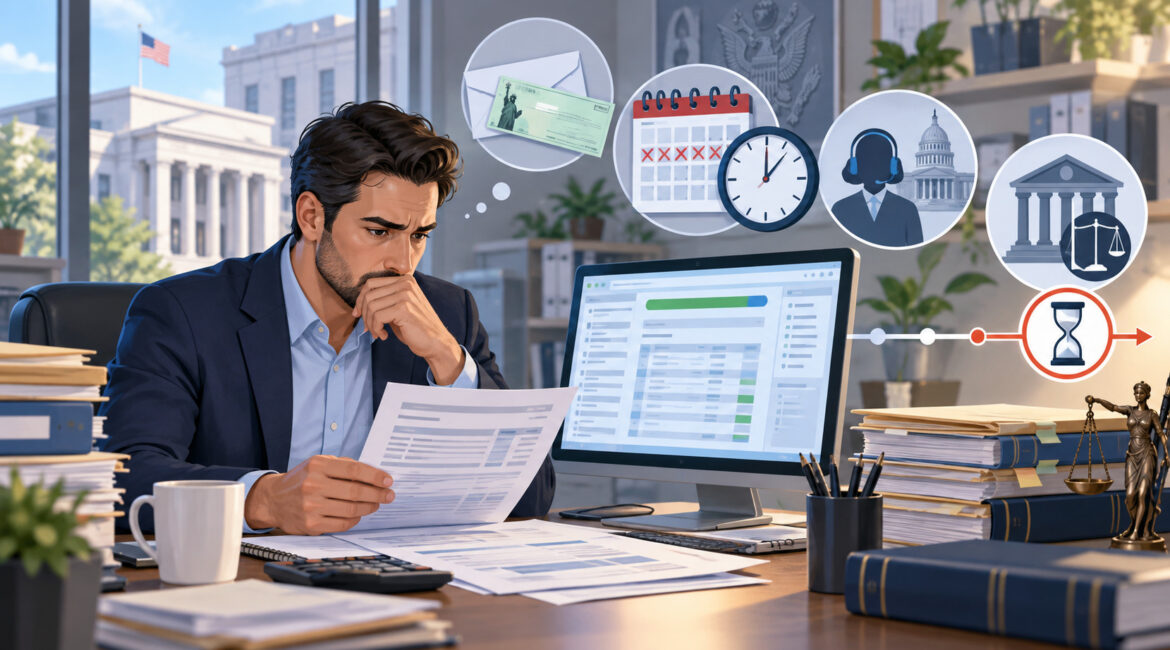 Business owner reviewing ERC refund status, IRS transcripts, TAS escalation, and refund lawsuit deadlines